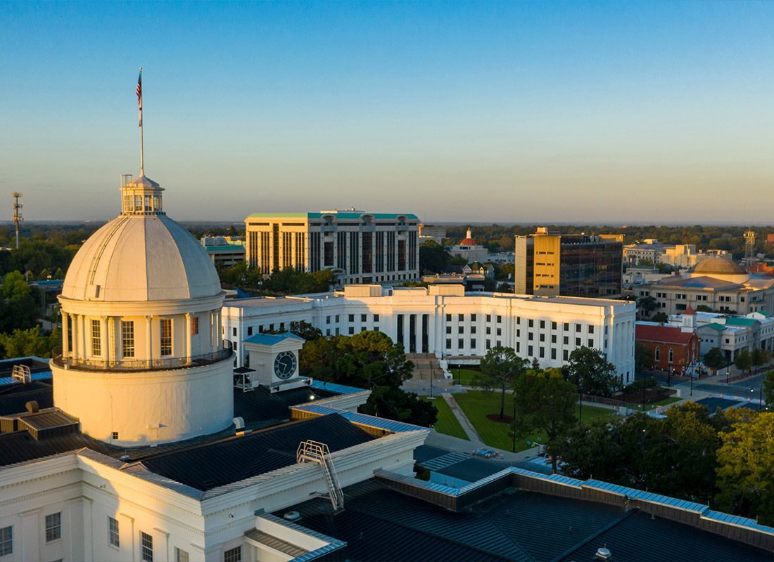 Contact - Aerial View of Classic Statehouse in Downtown Montgomery Alabama